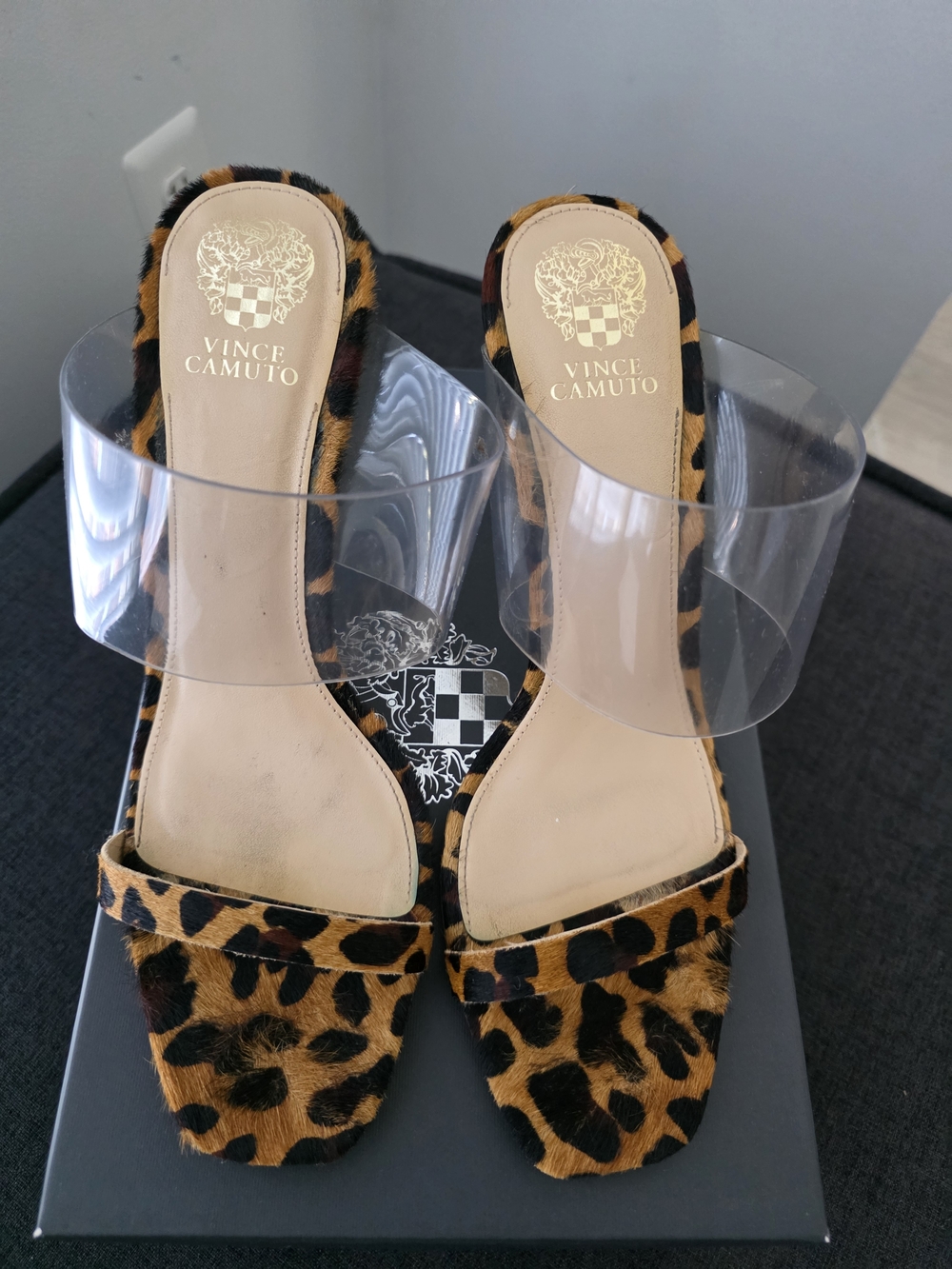 Vince Camuto Clear Strap Leopard Print Slide Sandals - Tan/Black